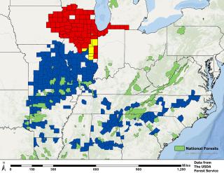 Map showing the 2024 cicada emergence areas from Oklahoma to New York and Michigan to Georgia.