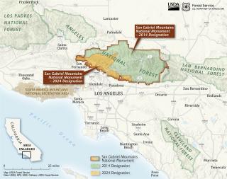 Vicinity map of the San Gabriel National Mounument north of Los Angeles, California