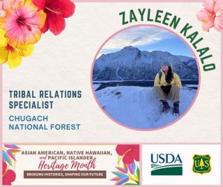 Employee highlight graphic - Zayleen Kalalo, Tribal relations specialist, Chugach National Forest