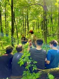 Students, backs to the camera, listen to a research hydrologist in the forest.