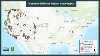 An illustrated map showing the locations of the Collaborative Wildfire Risk Reduction Program projects in the United States.
