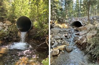 Before and after photos of a culvert replacement, with a round culvert on the left, before replacement, and an oval culvert on the right, after replacement.