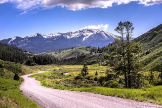 A dirt road running up a canyon with a green meadow on the right , few trees, and hillside. On the left, the road borders the side of the valley. A majestic snow-capped mountain range and peak looms in the distance.