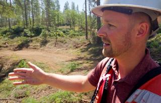A man wearing a hardhat and high visibility vest standing in a forest with arm extended as if talking to others outside of the image.