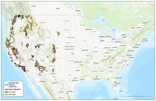 A map of the United States of America showing the high-risk firesheds and the 21 Wildfire Crisis Strategy landscapes outlined in black.