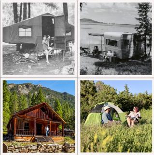 Image shows a collage of four images. Top left shows a black and white image of a camper in a forest. Top right is a black and white image showing a camper on a lakeshore. Bottom left image shows a cabin in the woods. Bottom right image shows a tent with people sitting beside it.