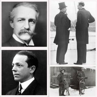 Image is a 4-image collage. The upper left-hand image shows a portrait of Gifford Pinchot, first Chief of the Forest Service. Top right image shows Gifford Pinchot speaking with President Teddy Roosevelt. The bottom right image shows two forest rangers with snow shoes standing on snow.