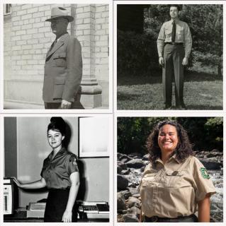 Image shows a collage of four images of Forest Rangers wearing various versions of the Forest Service uniform.