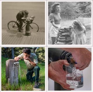 Image shows a collage of 4 images. The top left shows a black and white photo of a man on a bicycle getting water from a fountain. Top right image shows two girls getting water from a stone fountain. Bottom left image shows a Forest Ranger getting water from a fountain in a forest. Bottom right image shows a man filling a glass of water.