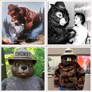 Image shows a collage of 4 images of Smokey Bear through the years.