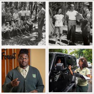 Image is a collage of four images. Top left is a black and white image showing a man speaking to a group of boy scouts. Top right is a Forest ranger speaking to a father and son. Bottom left shows a forest ranger addressing the camera. Bottom right shows a forest ranger speaking to a man in a car.
