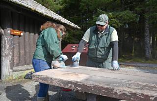 Image shows two people sanding old wooden boards.