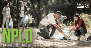 Image shows a group of young people picking up litter on a trail with superimposed text reading" NPLD National Public Lands Day"