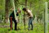 A picture of two women planting a tree in a large grassy area where many other trees have been planted.