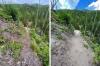 Before and after photo of restoration work on a trail.