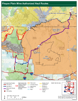 A map showing the travel route of uranium ore from the Pinyon Plain Mine to the White Mesa Mill in Blanding, Utah.