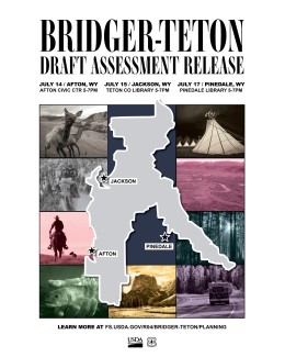 Eras-style tour poster for Bridger-Teton Draft Assessment Release. Poster includes the “eras” of the Forest, Forest boundary graphic, dates and locations of open houses and website info.