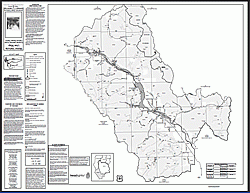 Thumbnail graphic of an MVUM map.  Black and white map is shown with roads and water bodies.  Collar text and graphics are visible but not readable