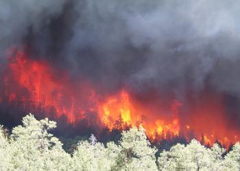 A roaring fire burns bright red and orange creating a curtain of heavy black smoke.