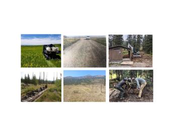 A collage of 6 photos, all outdoor scenes. First photo is of a 4 wheeler with weed sprayer attachments in a field. Second photo is of a road. Third photo is of a campground restroom. Fourth photo is a forested area. Fifth photo is an outdoor area with powerlines in view. Sixth photo is of three people outdoors using hand tools. Below the collage states: Accomplishment Reports.