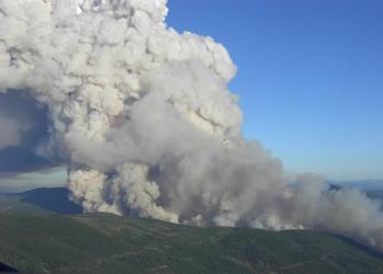 a large plume of grey smoke rises from a green mountain side amid blue cloudless sky