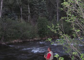 fly fisherman with a red tee shirt and khaki vest and pants standing in a river surrounded by trees