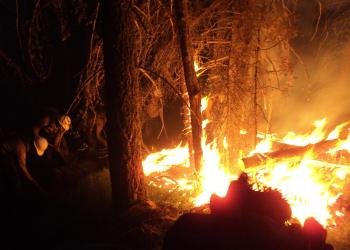 two people in hardhats digging line at the edge of a dark forest at night and bright yellow and orange fire flames climbing the tree trunks