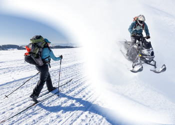 Split image of cross-country skier and snowmobiler.
