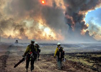 Firefighters walk along a road as smoke rises in the distance