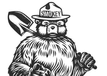 Black and white line drawing of Smokey Bear.