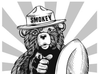 Black and white line drawing of Smokey Bear.