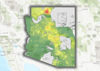 A map showing the state of Arizona outlined with a dark border and green, yellow, orange, and red areas within the border displaying hunting area, with grey denoting non-state lands.