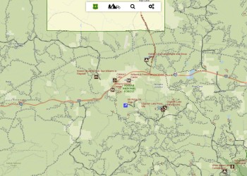 A map showing Kaibab National Forest lands in a medium green color with roads, railways, and office and recreation sites displayed.