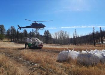 Helicopter picking up bags of seed