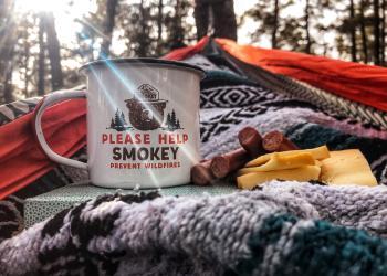 Smokey Bear mug with snacks in the forest.