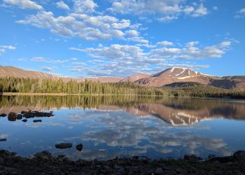 View of lake with trees and mountains reflecting in water