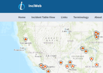 Screenshot of InciWeb website shows fire incident locations on a US basemap.