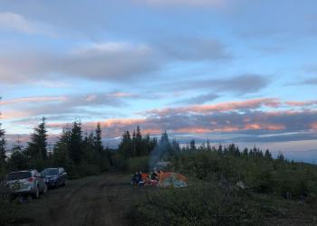 Dispersed campsite in front of trees and cloudy sky