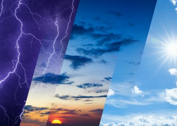 A collage of photos depicting various weather conditions including lightning, cloudy skies, and sunny skies.