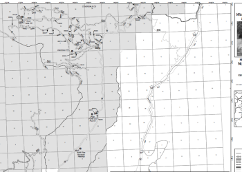 A screen shot of a map, black and white. shows routes