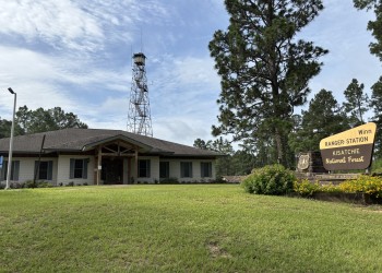 Winn Ranger District office with fire tower in background and sign in foreground.