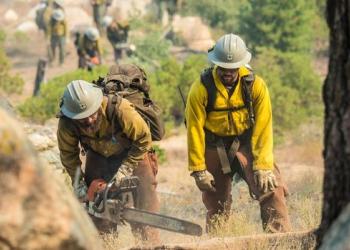 A wildland firefighter using a chainsaw.