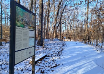 A snow covered trail flanked by an interpretive sign.