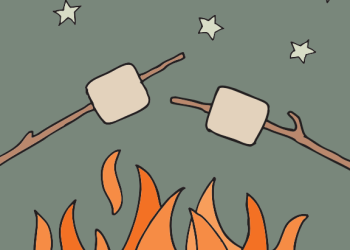 A simple illustration of two marshmallows one sticks being roasted over a fire. The background is a dark grey with six drawn, 5-pointed stars.