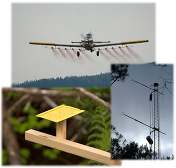 Collage of three images. The top image is of a airplane spraying dye, the left image is of a sample card holder, and the right image is of a tower with wind sensors.