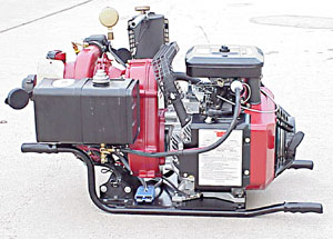 The pump is a Wildfire model BB4. It is mounted on a frame and it can be hand-carried to the deployment location. 