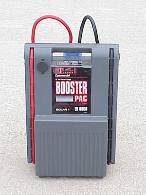 The battery pack is an automotive booster providing 12 volts and 600 amps. It contains sealed lead-acid batteries.