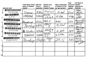 Image of a checkout sheet where pesticide type, amount, and other information are listed with the cooresponding bar-code attached to each entry.