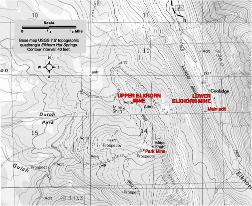 A topographic map of the Elkhorn Mine area.