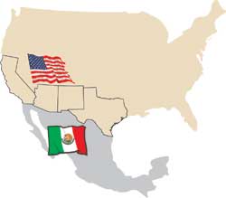 Image of a map of the United States and Mexico.  Outlined on the map are the four border states, Texas, New Mexico, Arizona, and California.